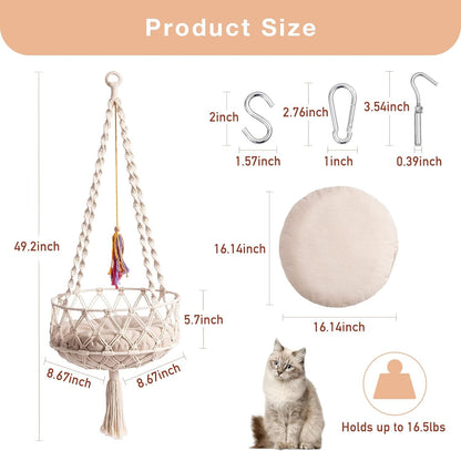 MEWOOFUN Boho Macrame Cat Swing - Handwoven Hanging Bed With Soft Mat & Toy For Indoor Cats, Decorative Hammock For Sleeping & Play Beige